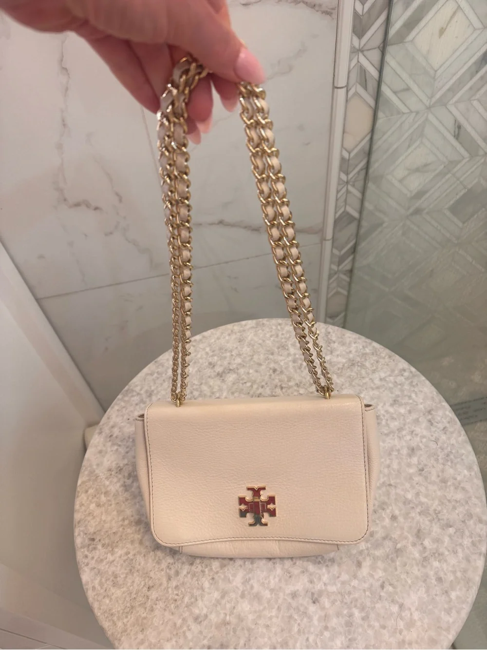 Tory Burch Light Cream Pebbled Leather Crossbody with Gold Logo Chain